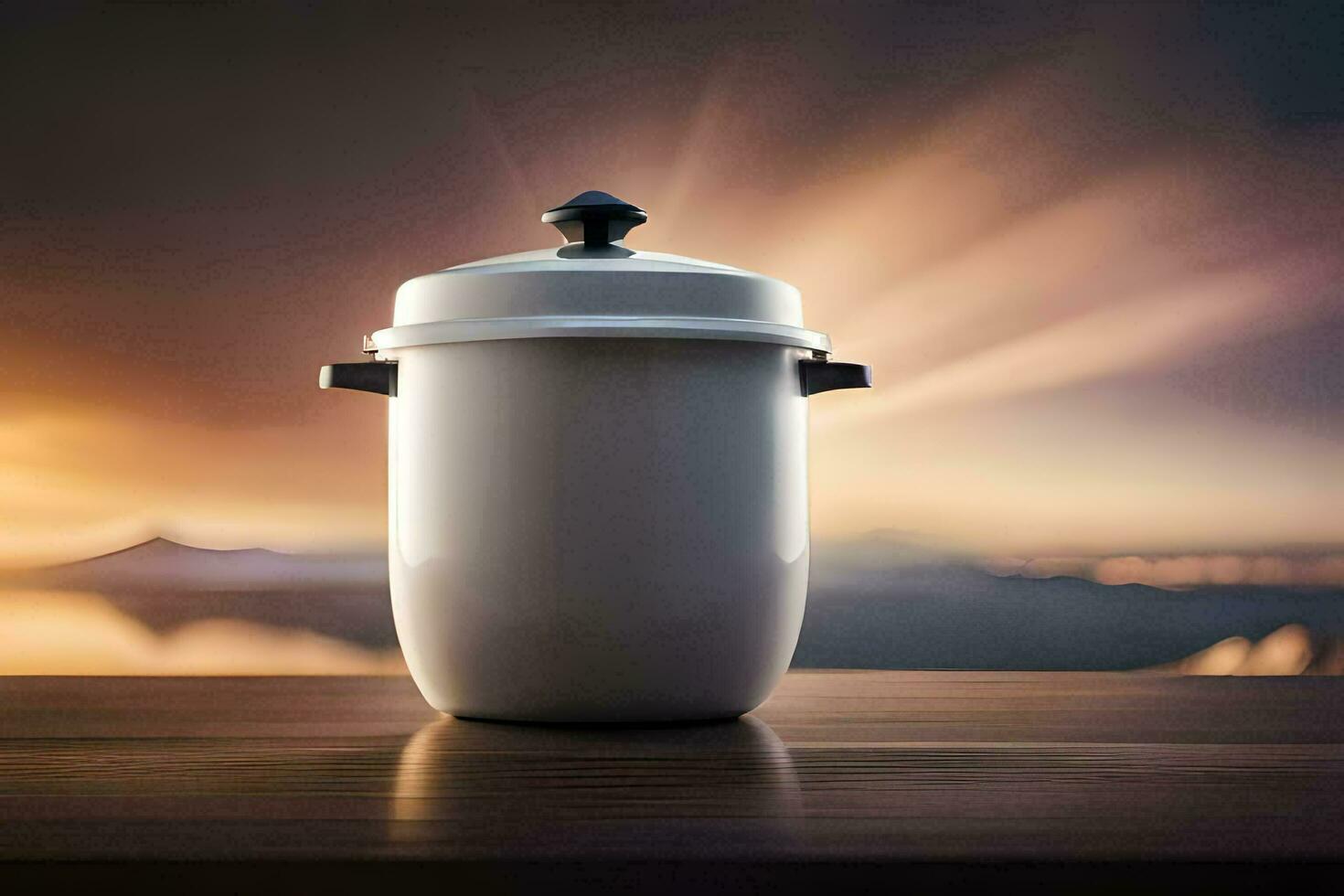 a white pot on a table with a sunset in the background. AI-Generated photo