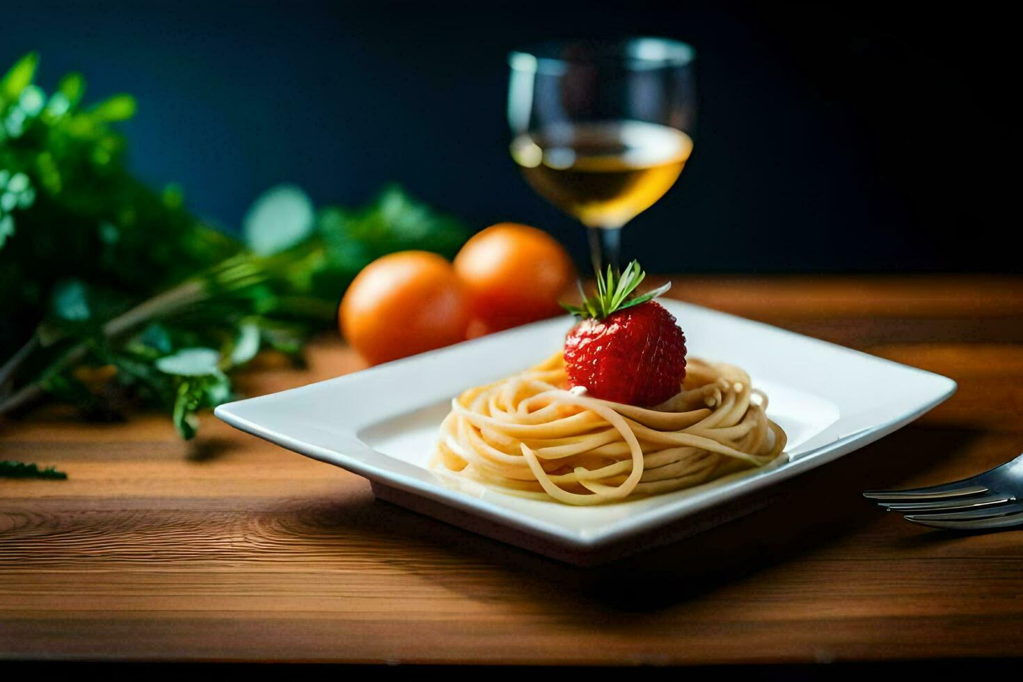 spaghetti with a strawberry on a plate. AI-Generated photo