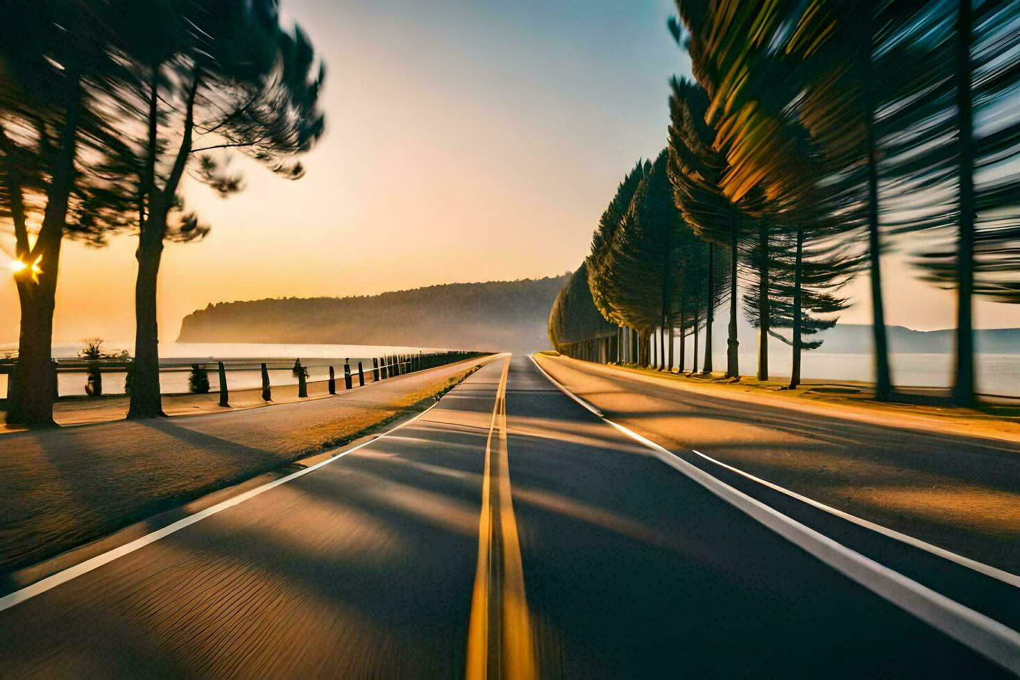 a long exposure photograph of a road with trees in the background. AI-Generated photo