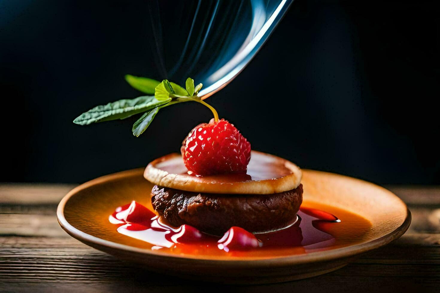 a dessert with a raspberry on top and a smoke trail. AI-Generated photo