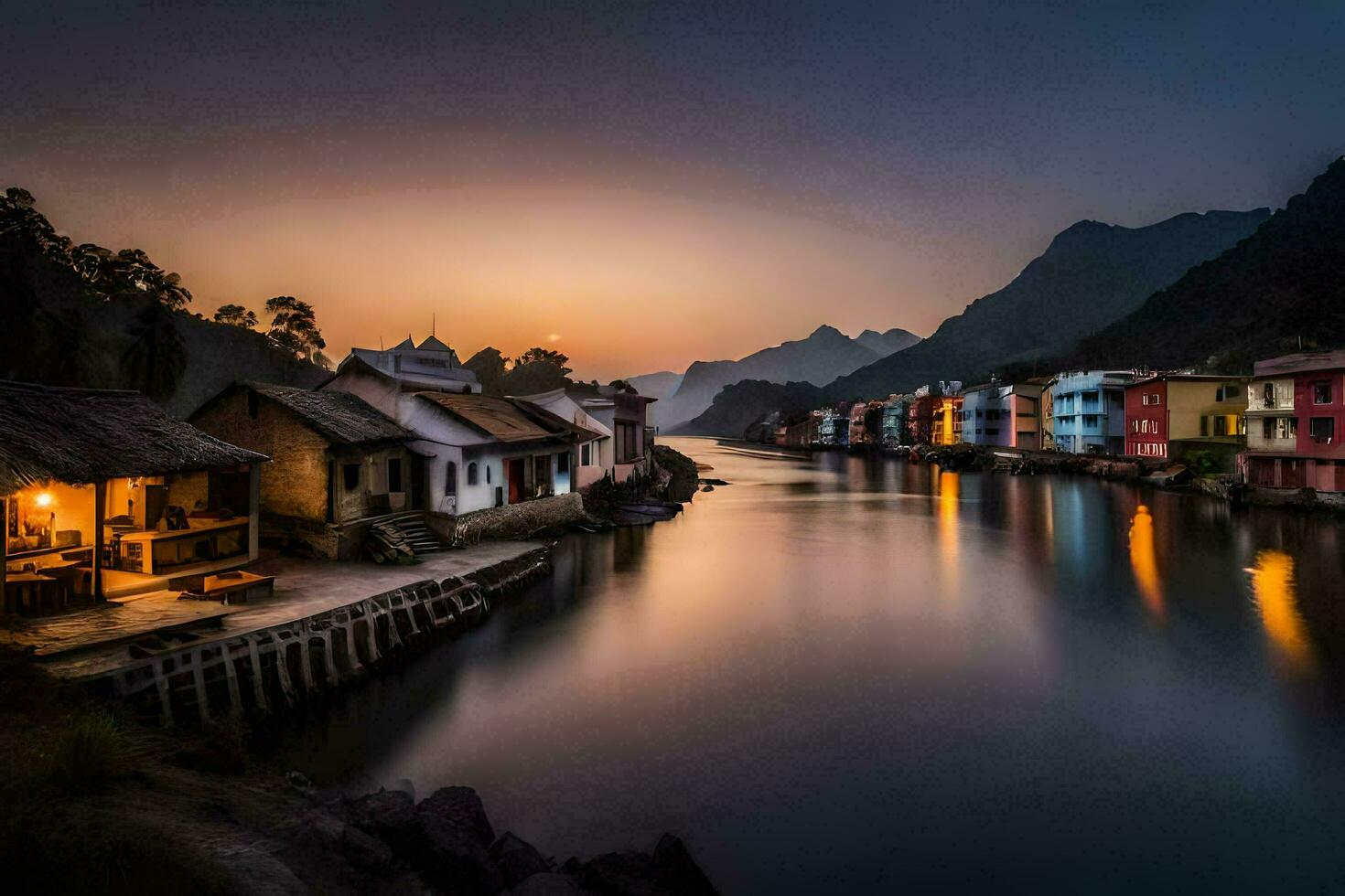 un río en el montañas a puesta de sol. generado por ai foto