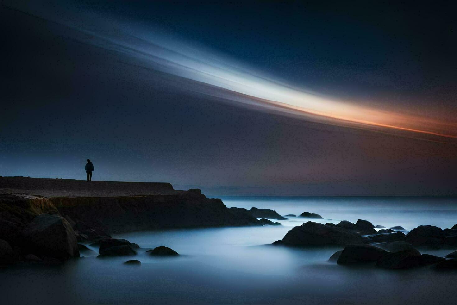 a man stands on the edge of a cliff overlooking the ocean. AI-Generated photo