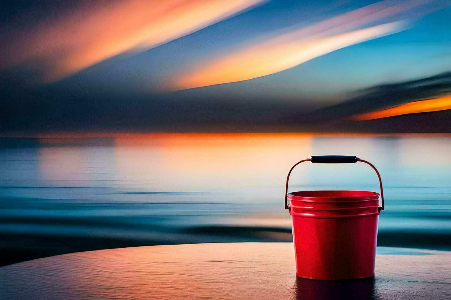 a red bucket on a table in front of the ocean. AI-Generated photo