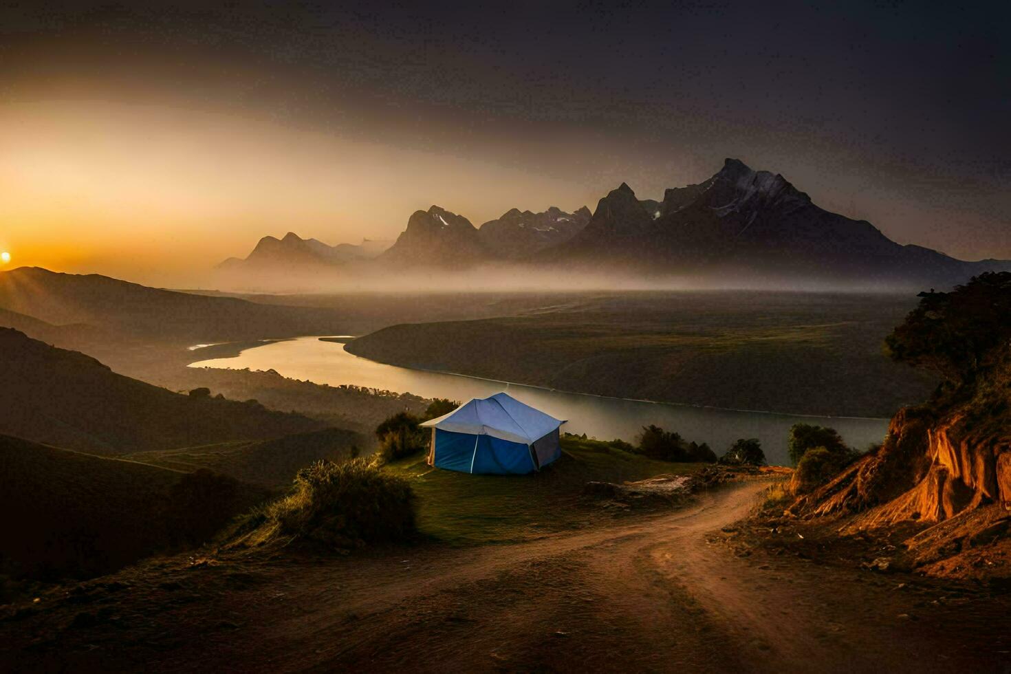 the sunset over the lake and mountains. AI-Generated photo