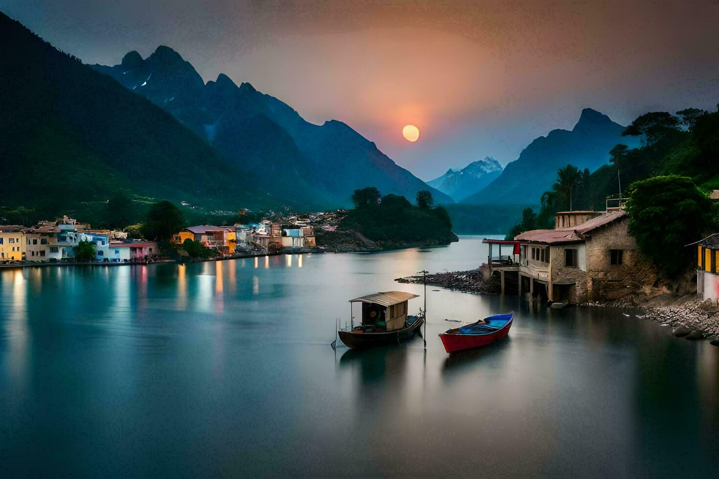 barcos en el agua a puesta de sol con montañas en el antecedentes. generado por ai foto