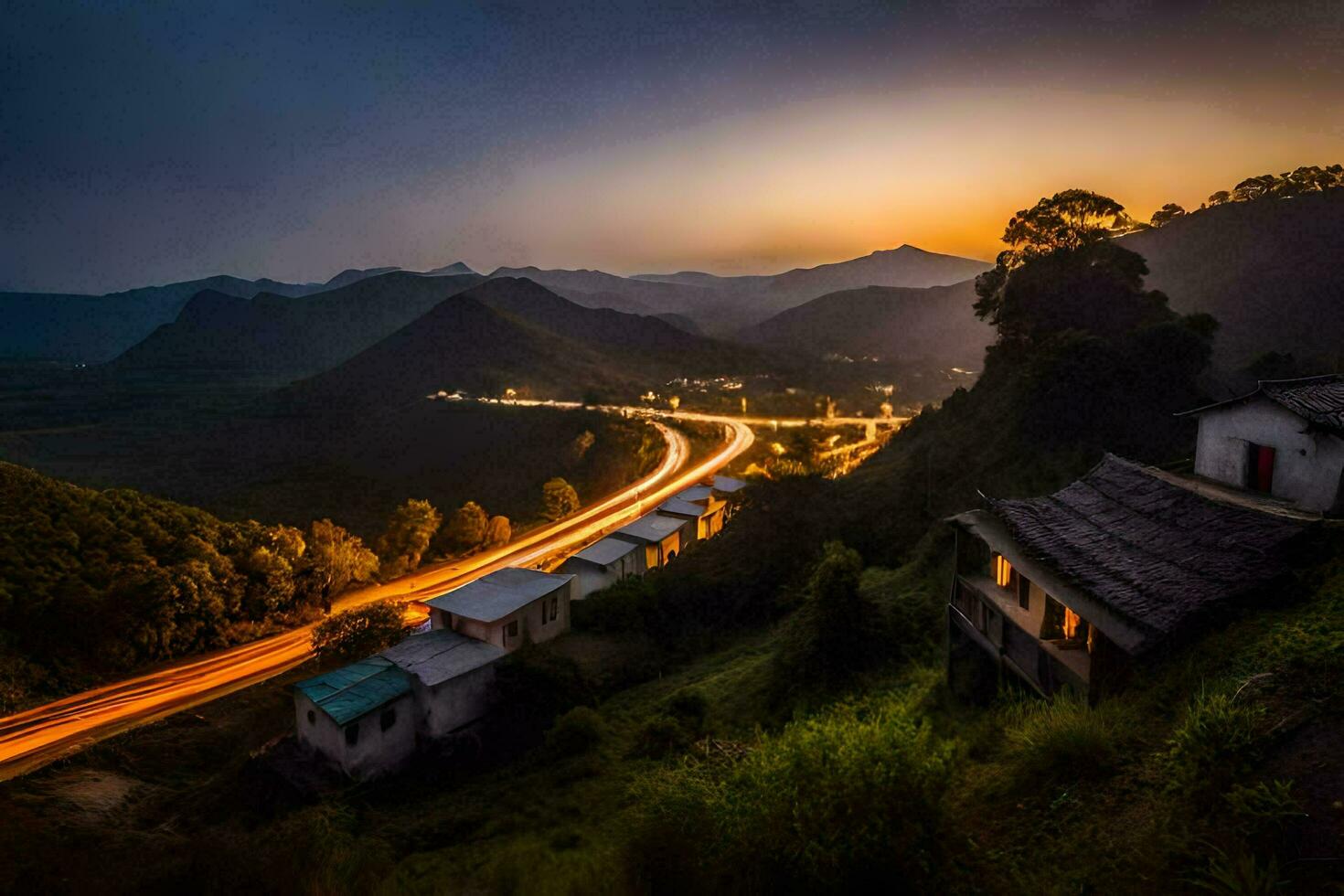 a road in the mountains at sunset. AI-Generated photo