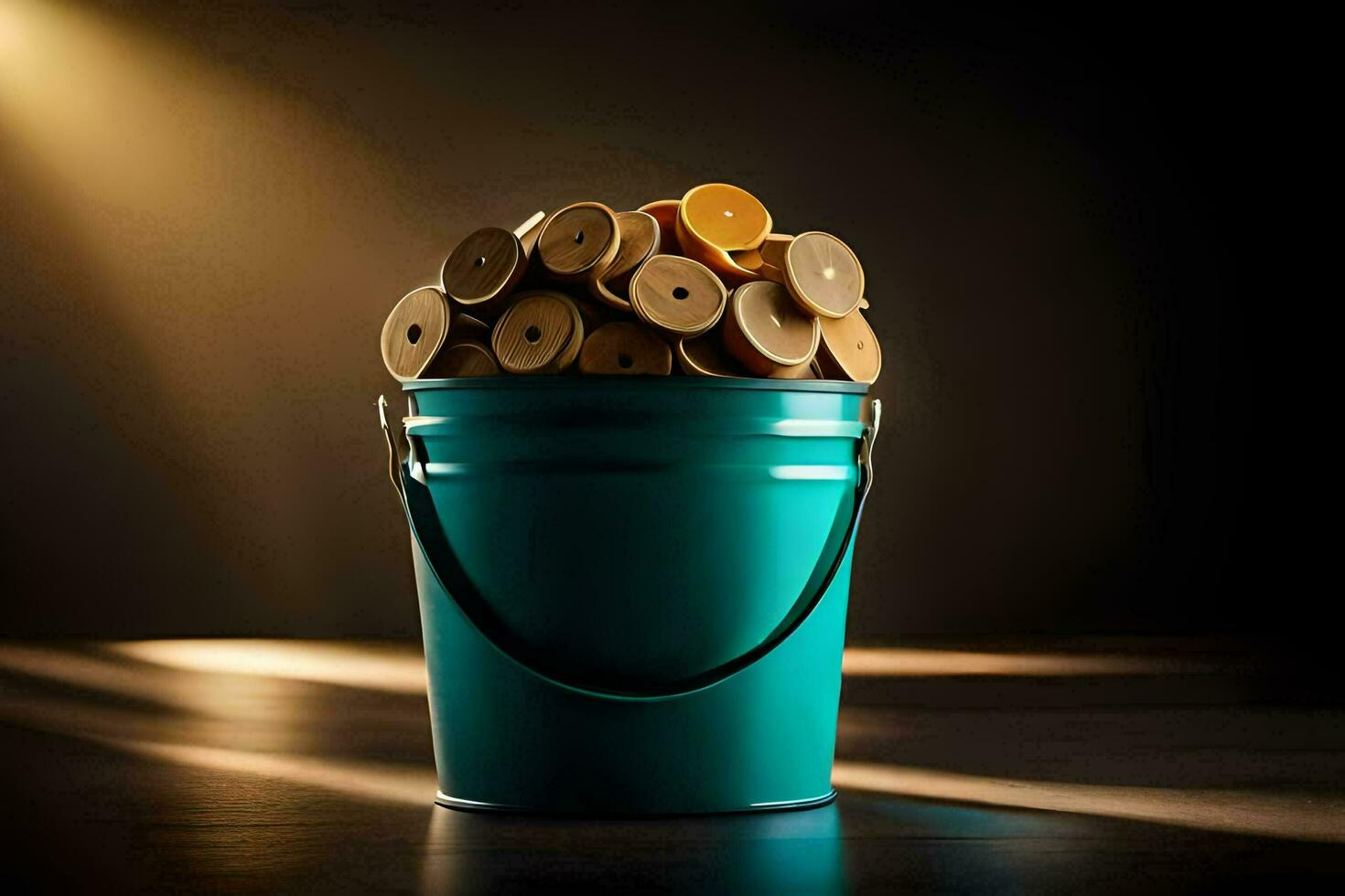 a bucket filled with wooden dowels on a dark table. AI-Generated photo