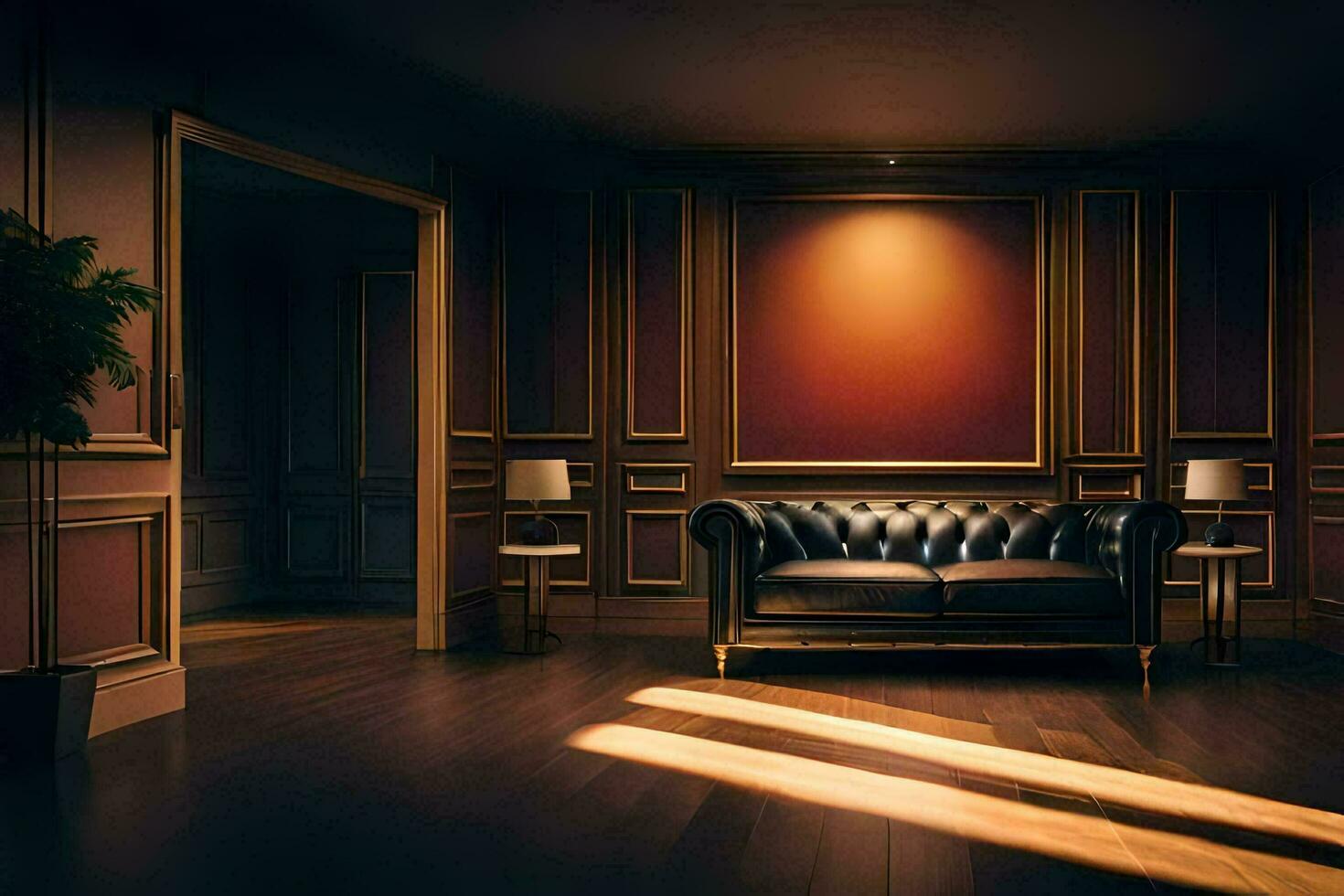 a dark room with a leather couch and wooden paneling. AI-Generated photo