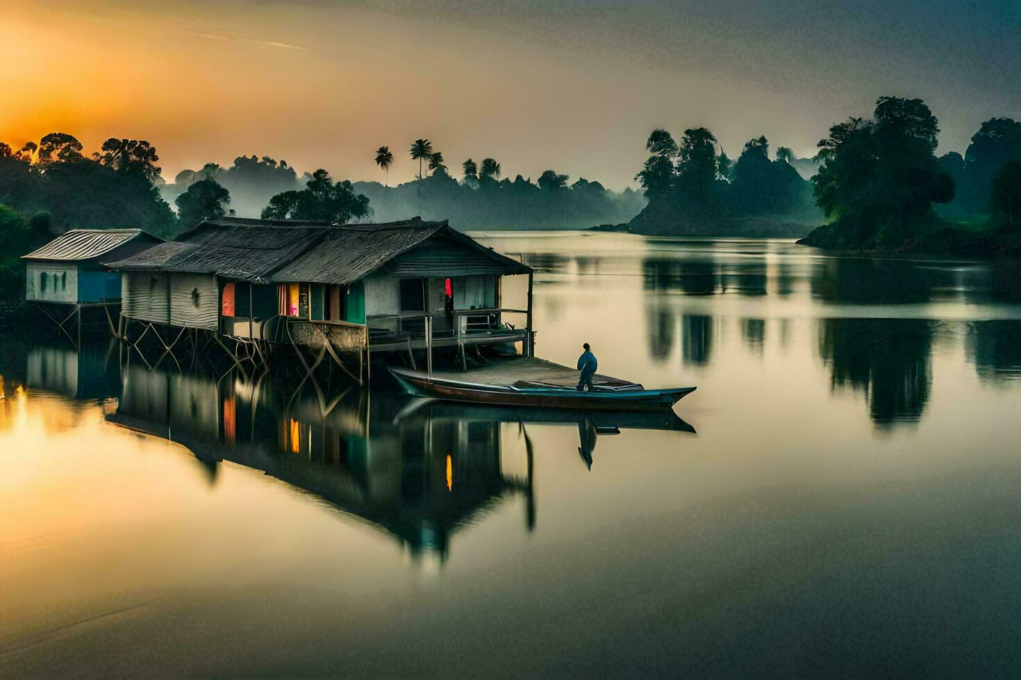 a man is standing on a boat in front of a house on the water. AI-Generated photo
