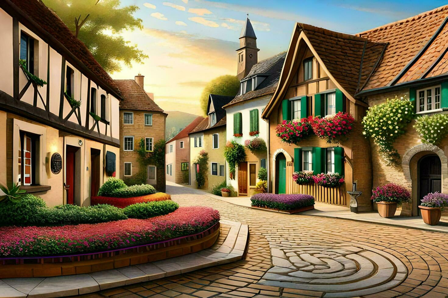 a painting of a street with houses and flowers. AI-Generated photo