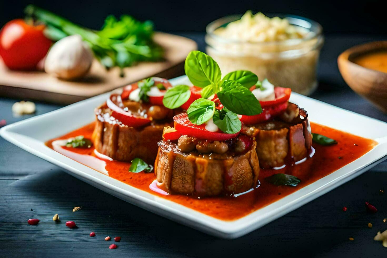 a plate of food with meat and vegetables. AI-Generated photo