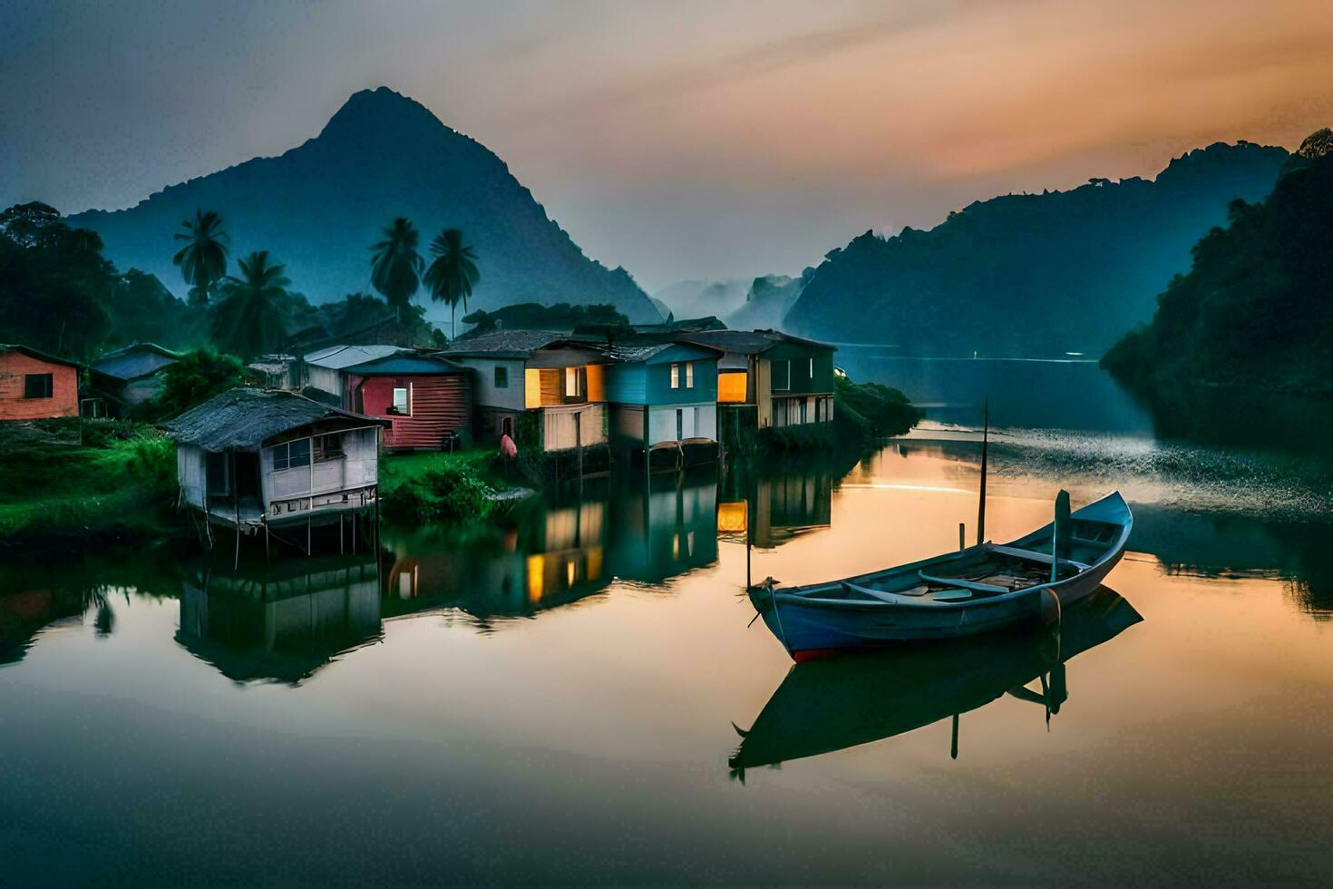 boat on the river at sunset with houses in the background. AI-Generated photo