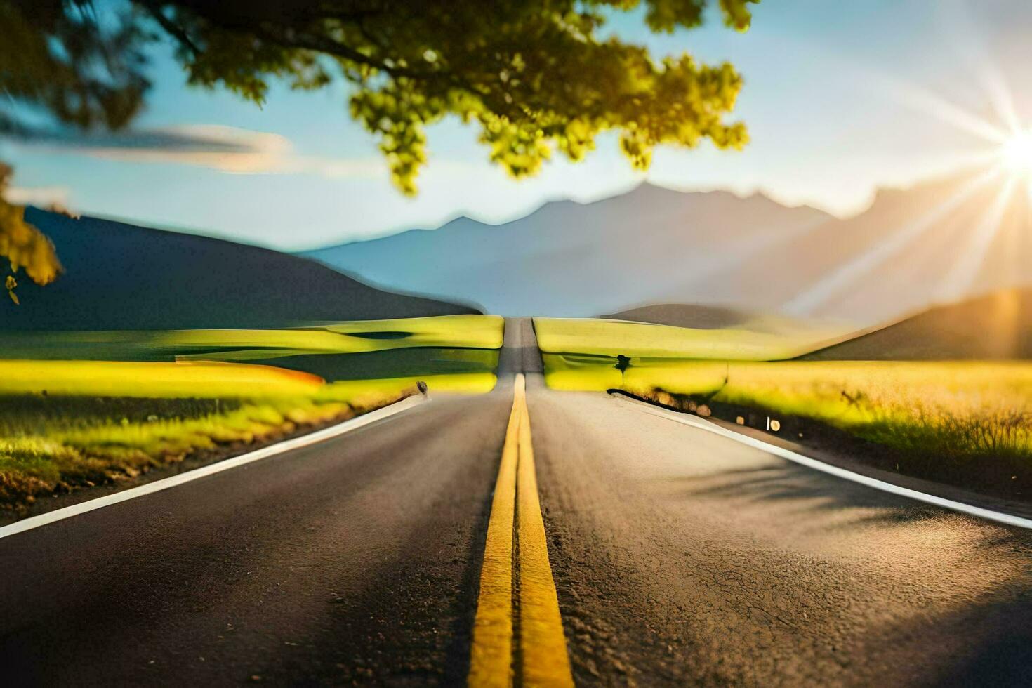 a road with the sun shining on it. AI-Generated photo