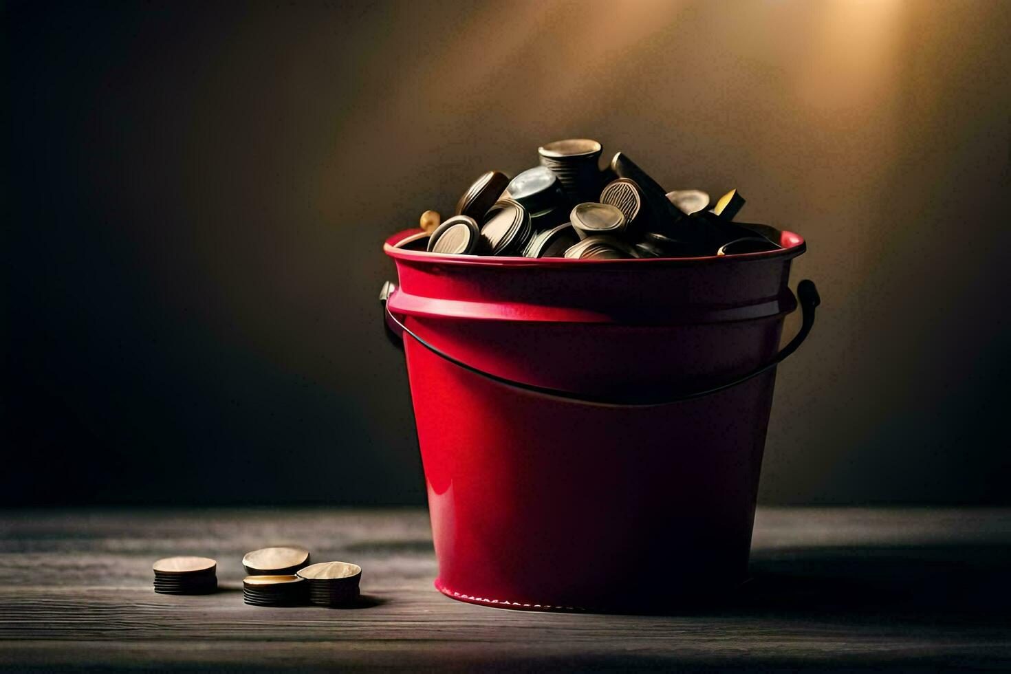 a red bucket filled with coins on a wooden table. AI-Generated photo