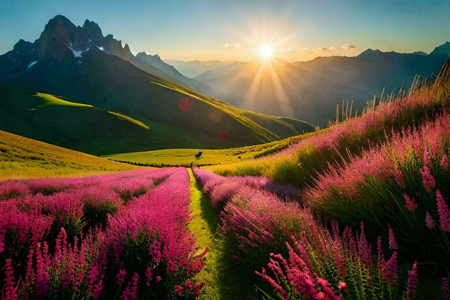 the sun shines over a field of purple flowers. AI-Generated photo