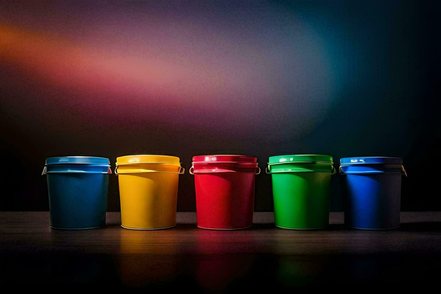 five colorful buckets on a dark background. AI-Generated photo
