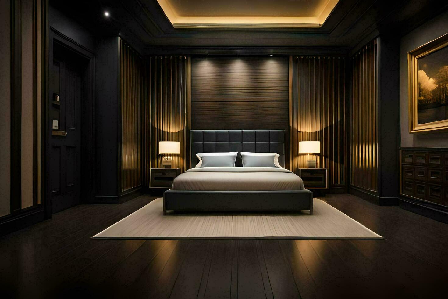 a bedroom with dark wood walls and a bed. AI-Generated photo