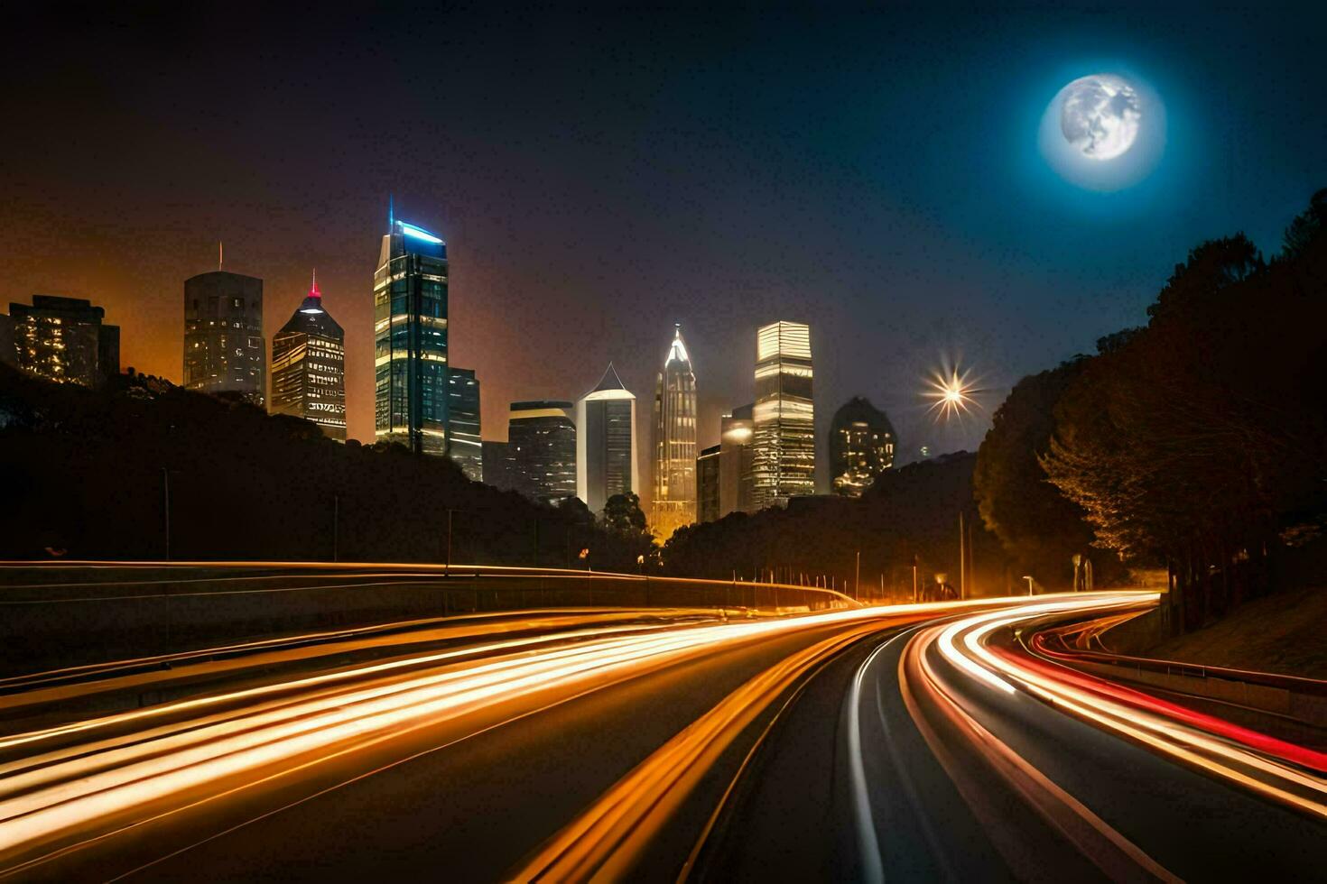 a city skyline at night with a full moon. AI-Generated photo