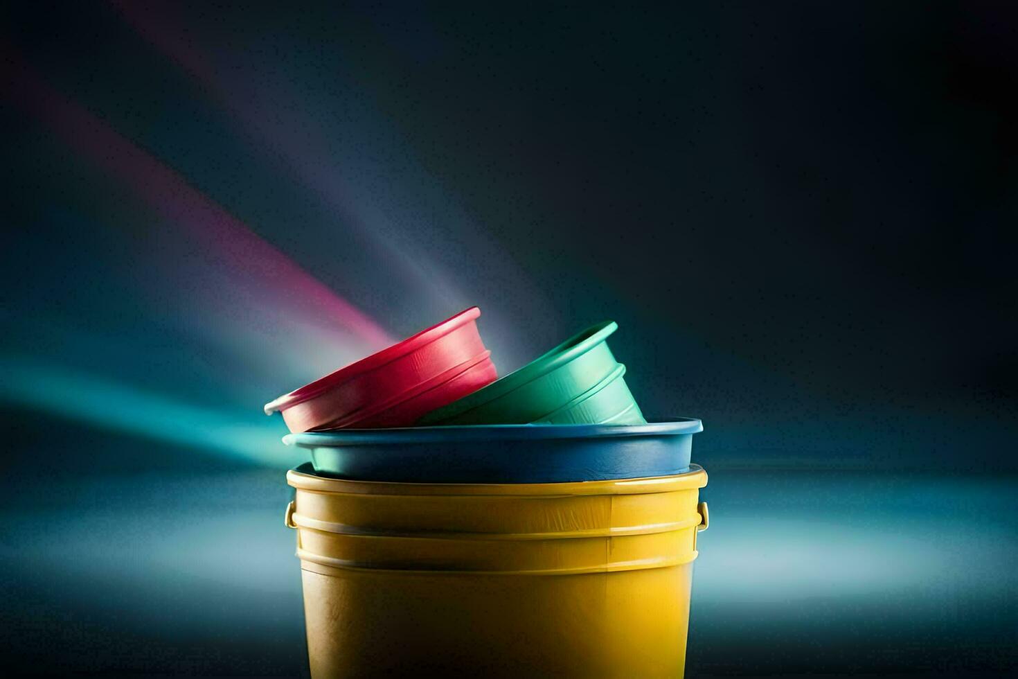 a stack of colorful plastic buckets on a dark background. AI-Generated photo