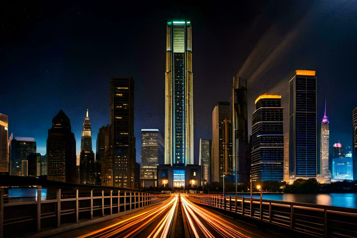 a city skyline at night with lights on the buildings. AI-Generated photo