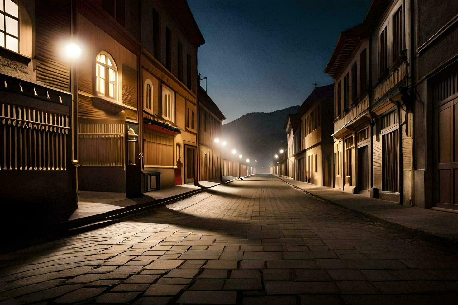 un calle a noche con un calle ligero brillante en él. generado por ai foto