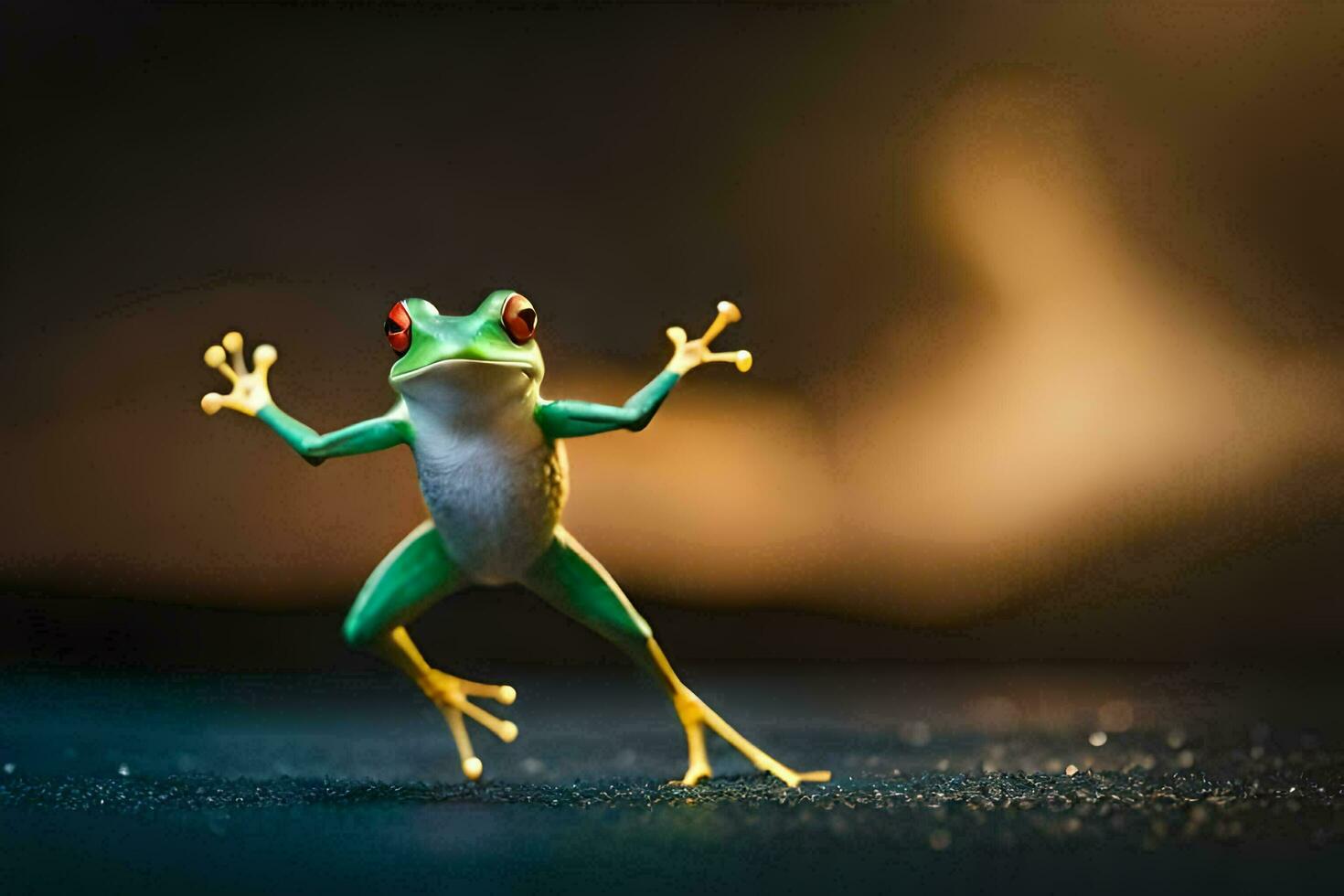 a frog is standing on its hind legs with its arms outstretched. AI-Generated photo