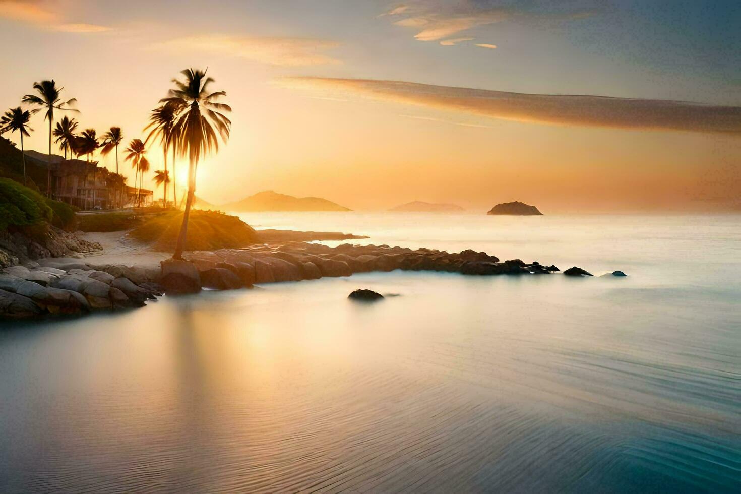 a beautiful sunset over the ocean with palm trees. AI-Generated photo