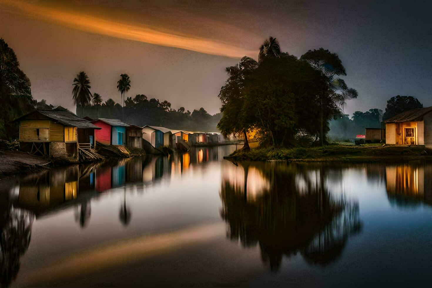 houses on the river at dusk. AI-Generated photo