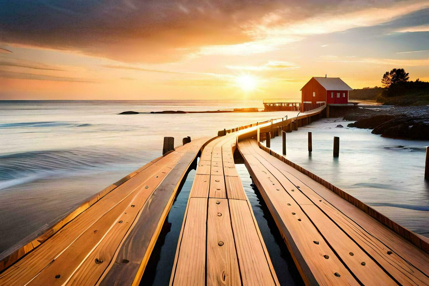 a wooden pier leads to a red house on the ocean. AI-Generated photo