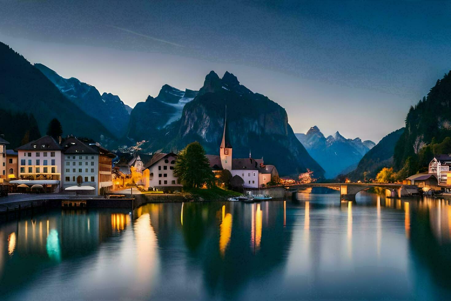 el pueblo de Suiza a oscuridad. generado por ai foto