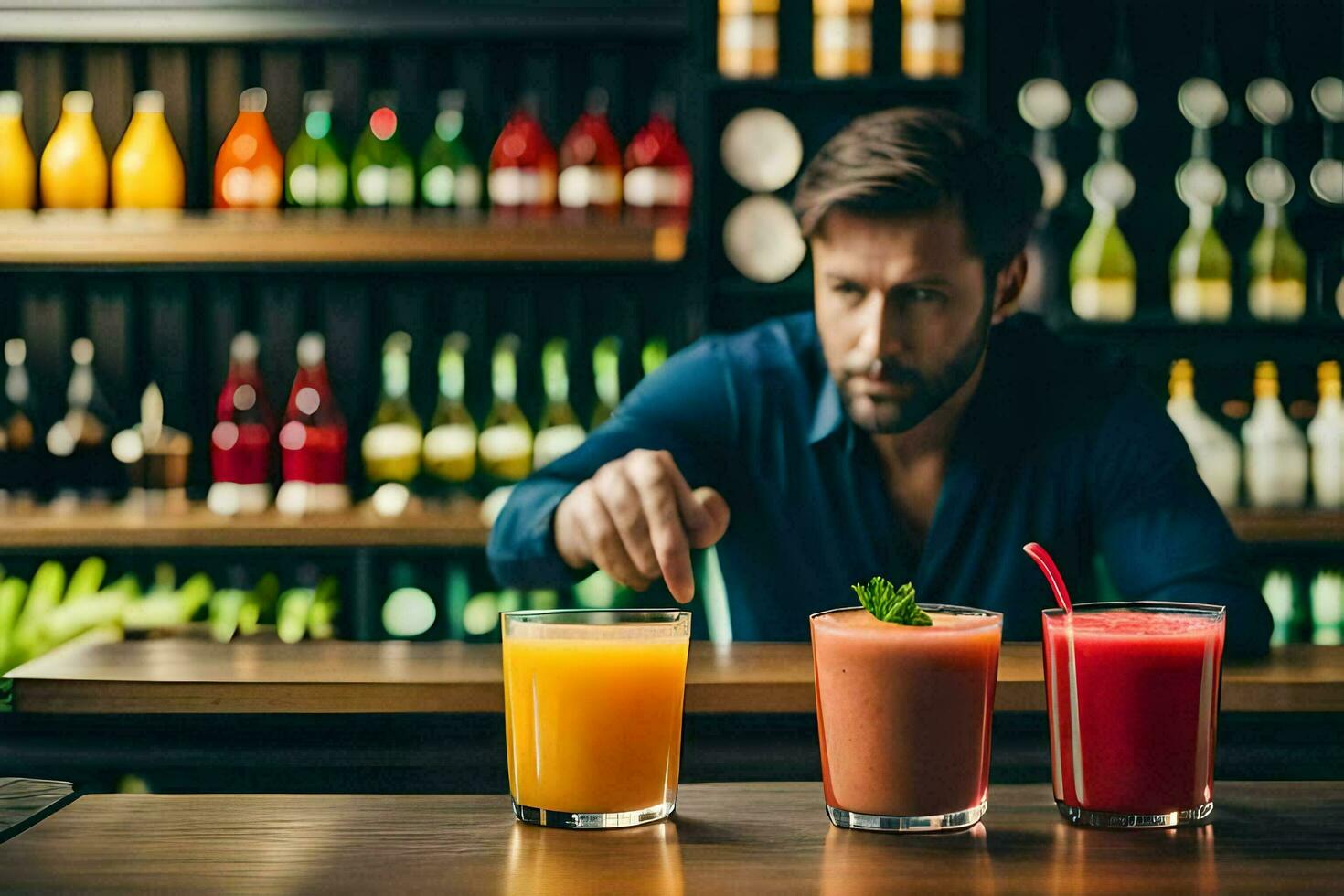 a man is standing behind a bar with three different juices. AI-Generated photo