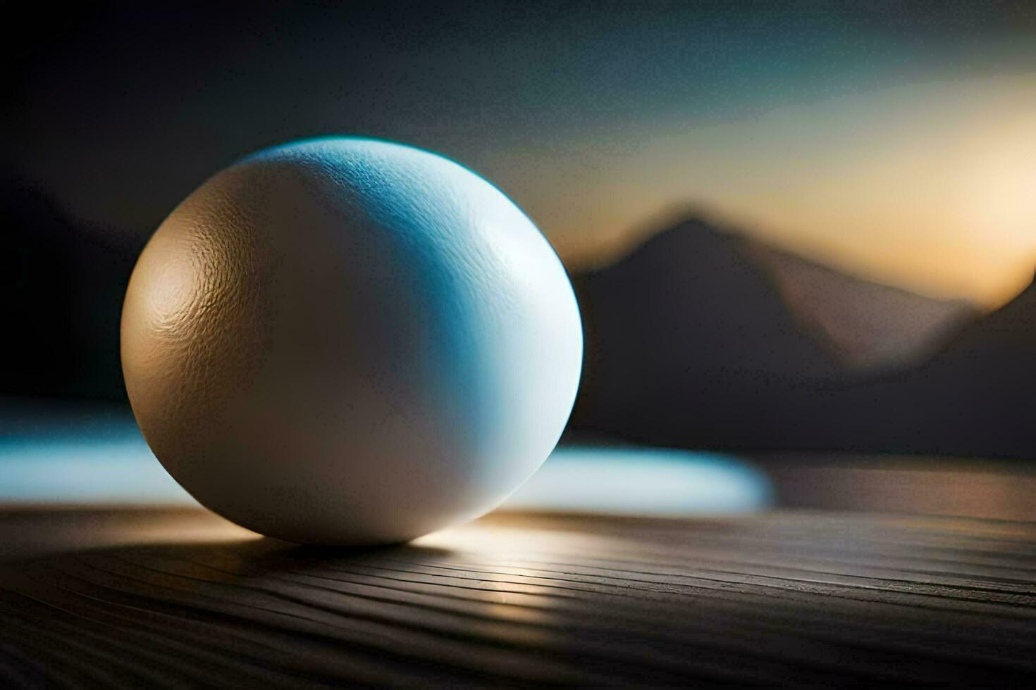 an egg on a table with a sunset in the background. AI-Generated photo
