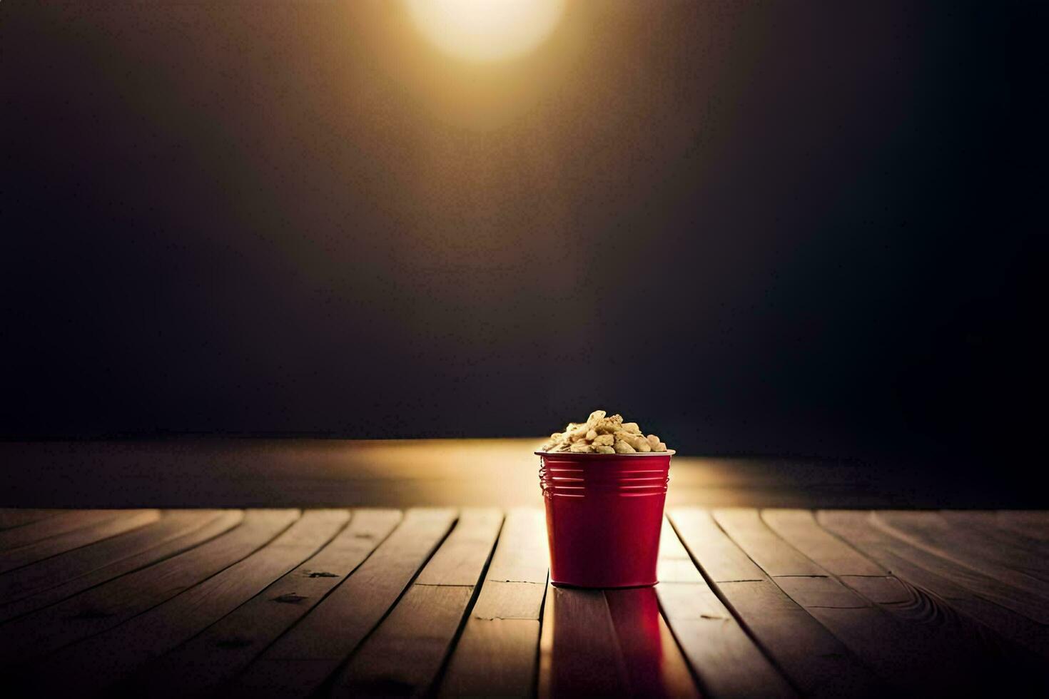 a red cup sitting on a wooden table with a light shining in the background. AI-Generated photo
