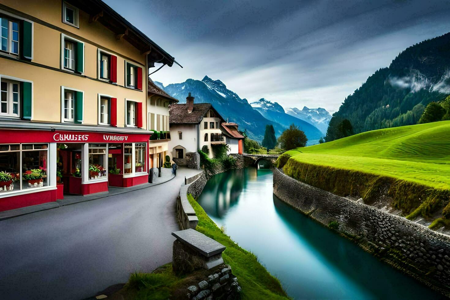 a river runs through a small town in the mountains. AI-Generated photo