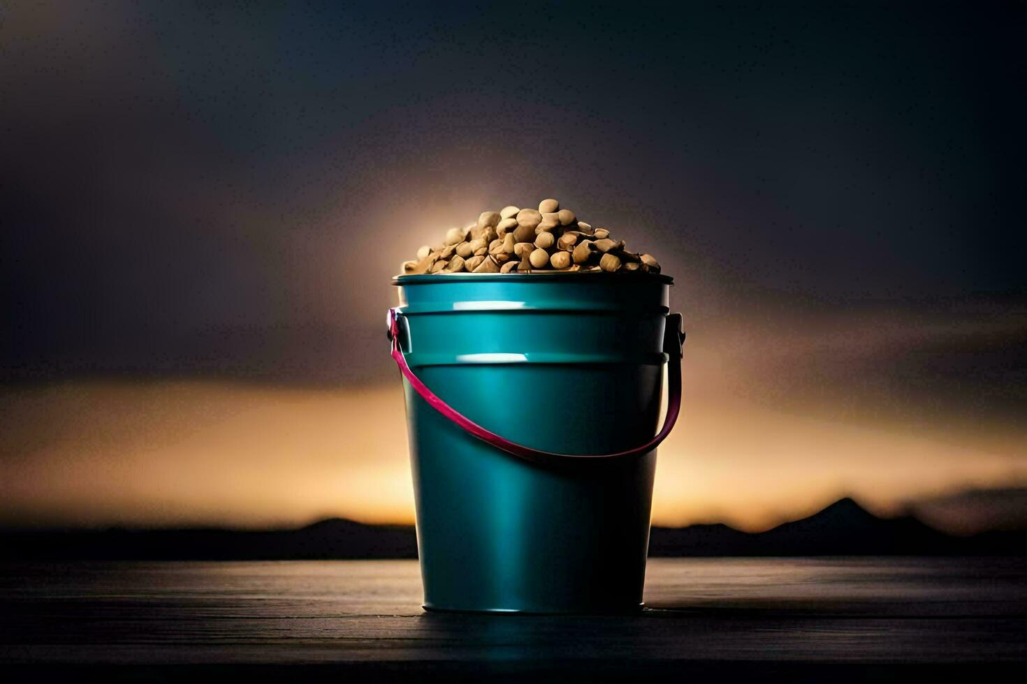 a bucket filled with peanuts on a table. AI-Generated photo