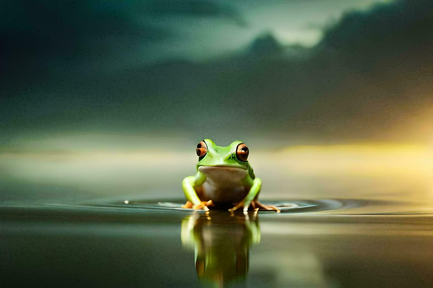 a frog sitting on the water with a sunset in the background. AI-Generated photo