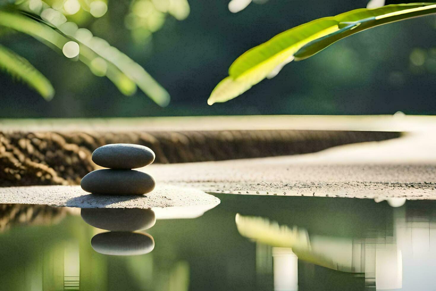 two stones are sitting on the ground near a pond. AI-Generated photo