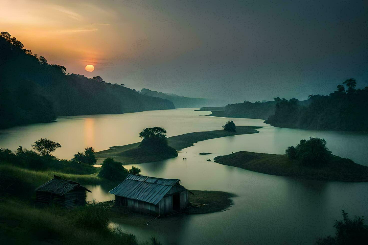 a lake with a small house in the middle of it. AI-Generated photo