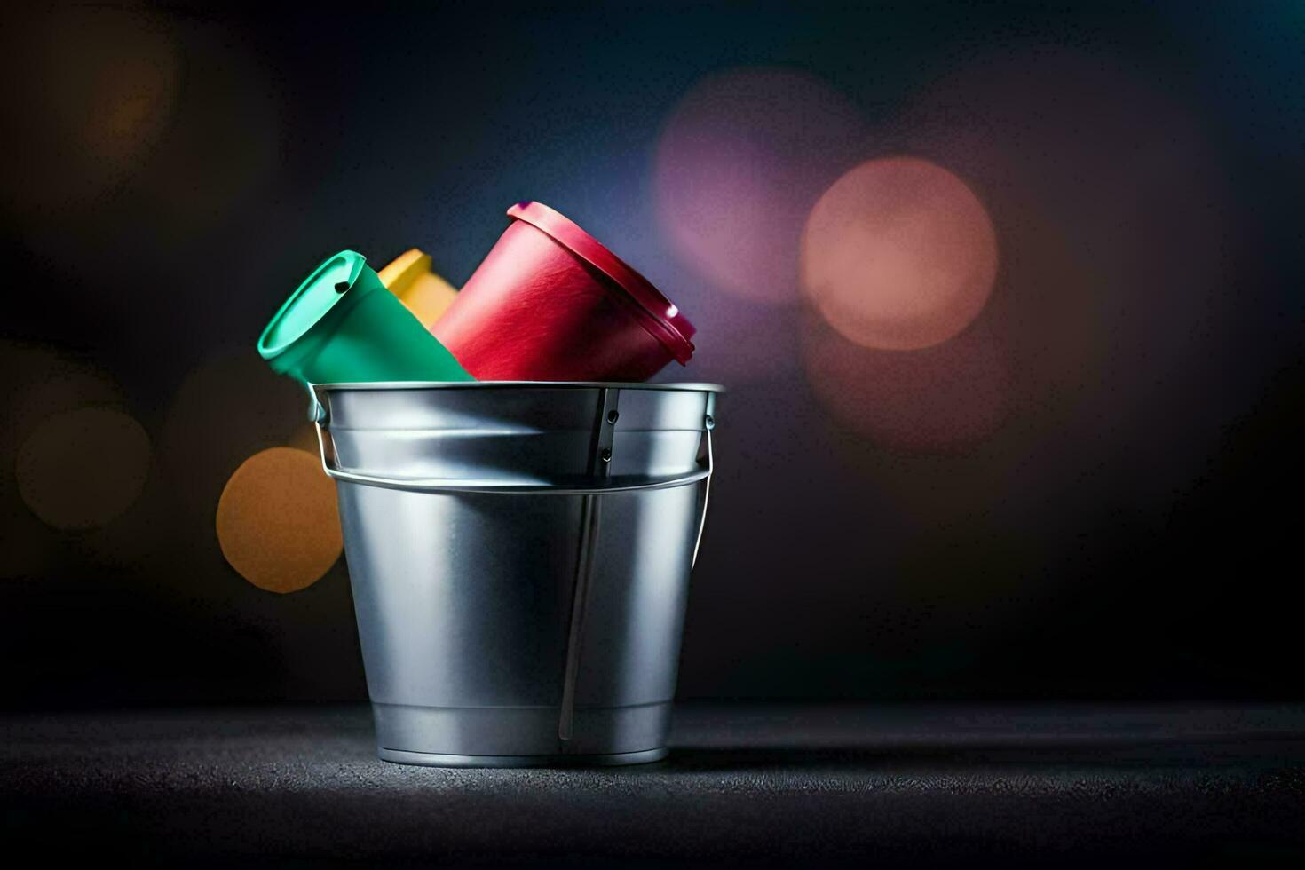 a bucket with colorful cups in it. AI-Generated photo