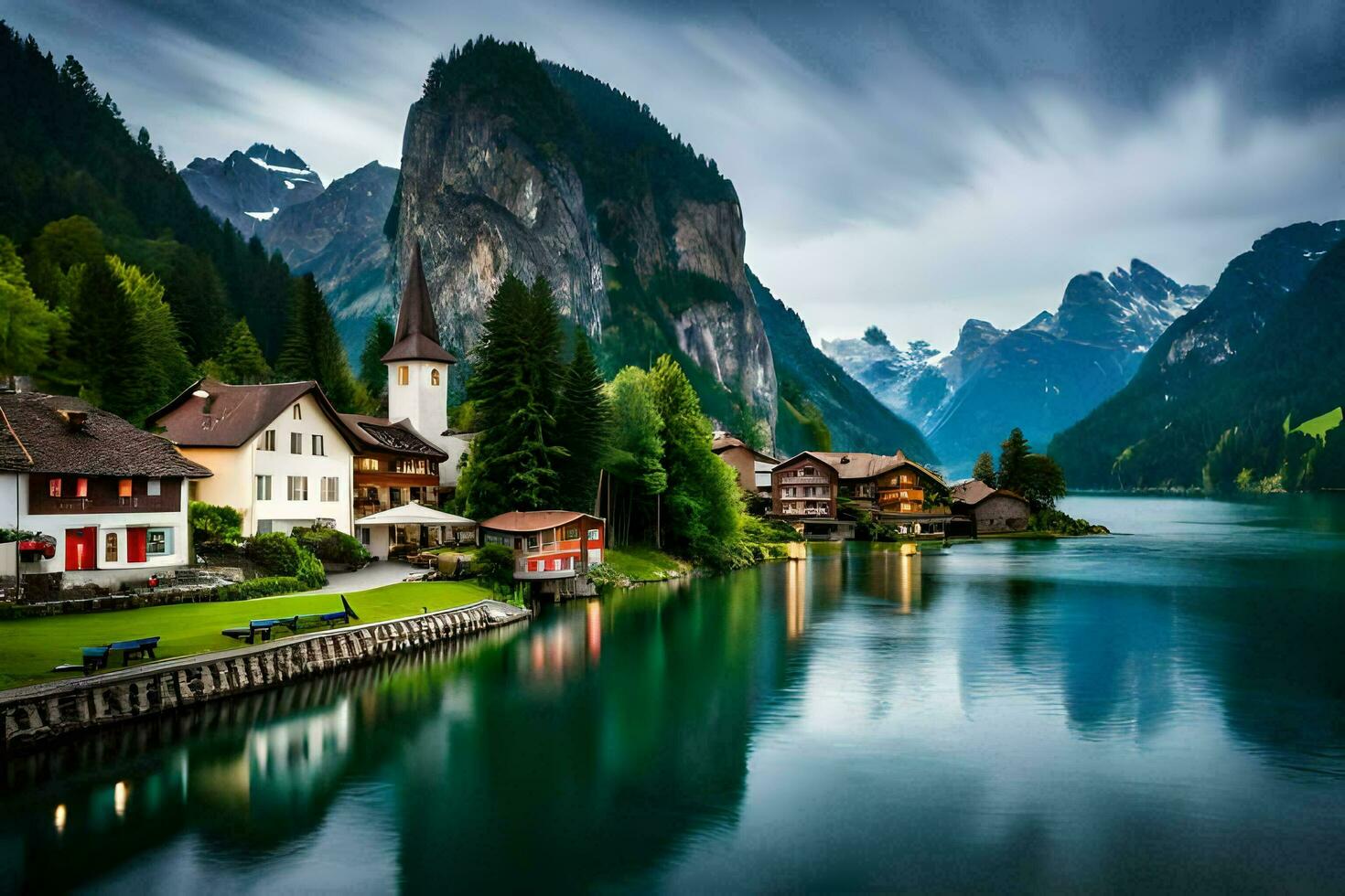 a beautiful lake and mountain village in the mountains. AI-Generated photo