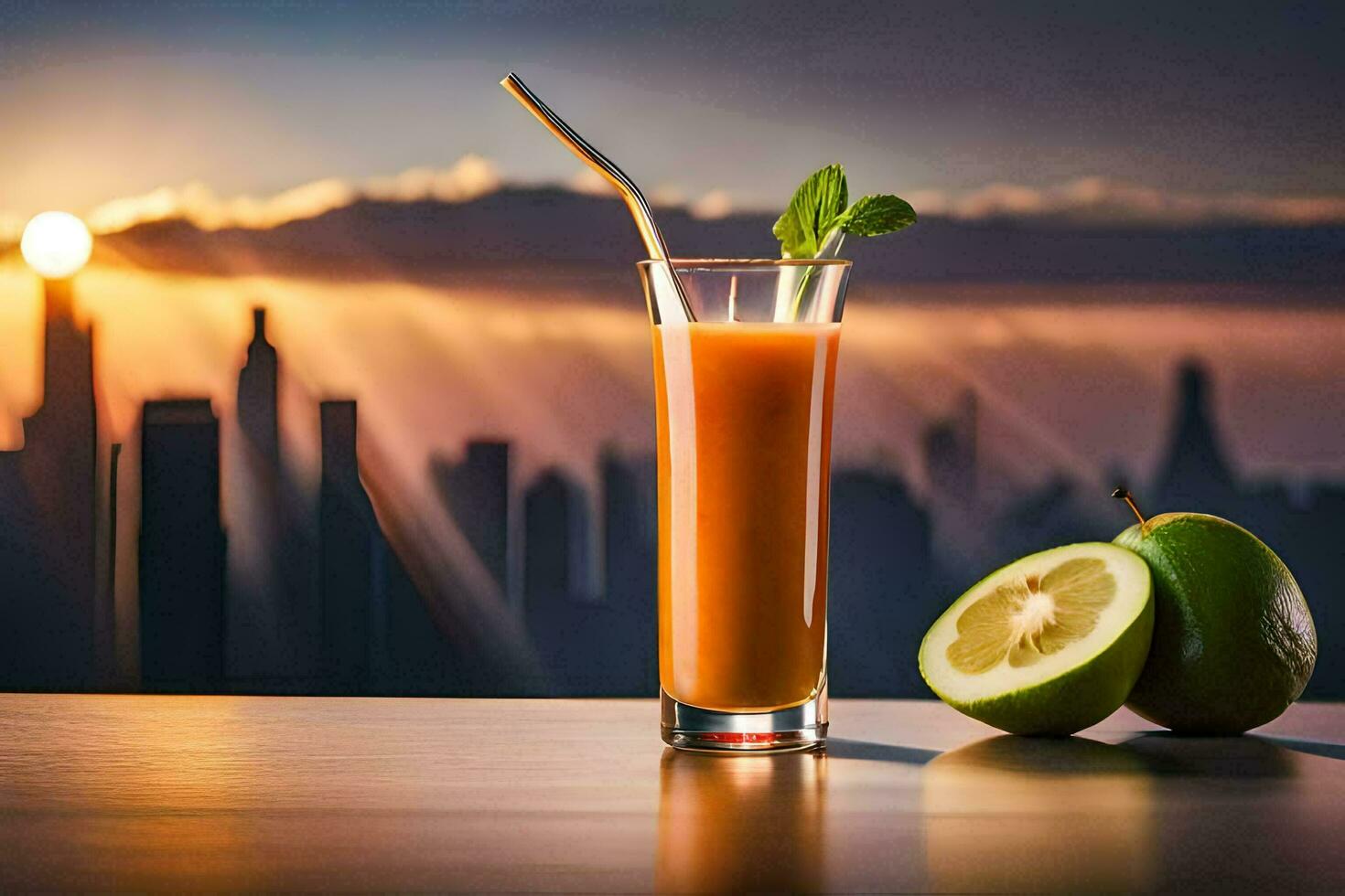 a glass of juice with a slice of lime and a slice of orange on a table in front. AI-Generated photo