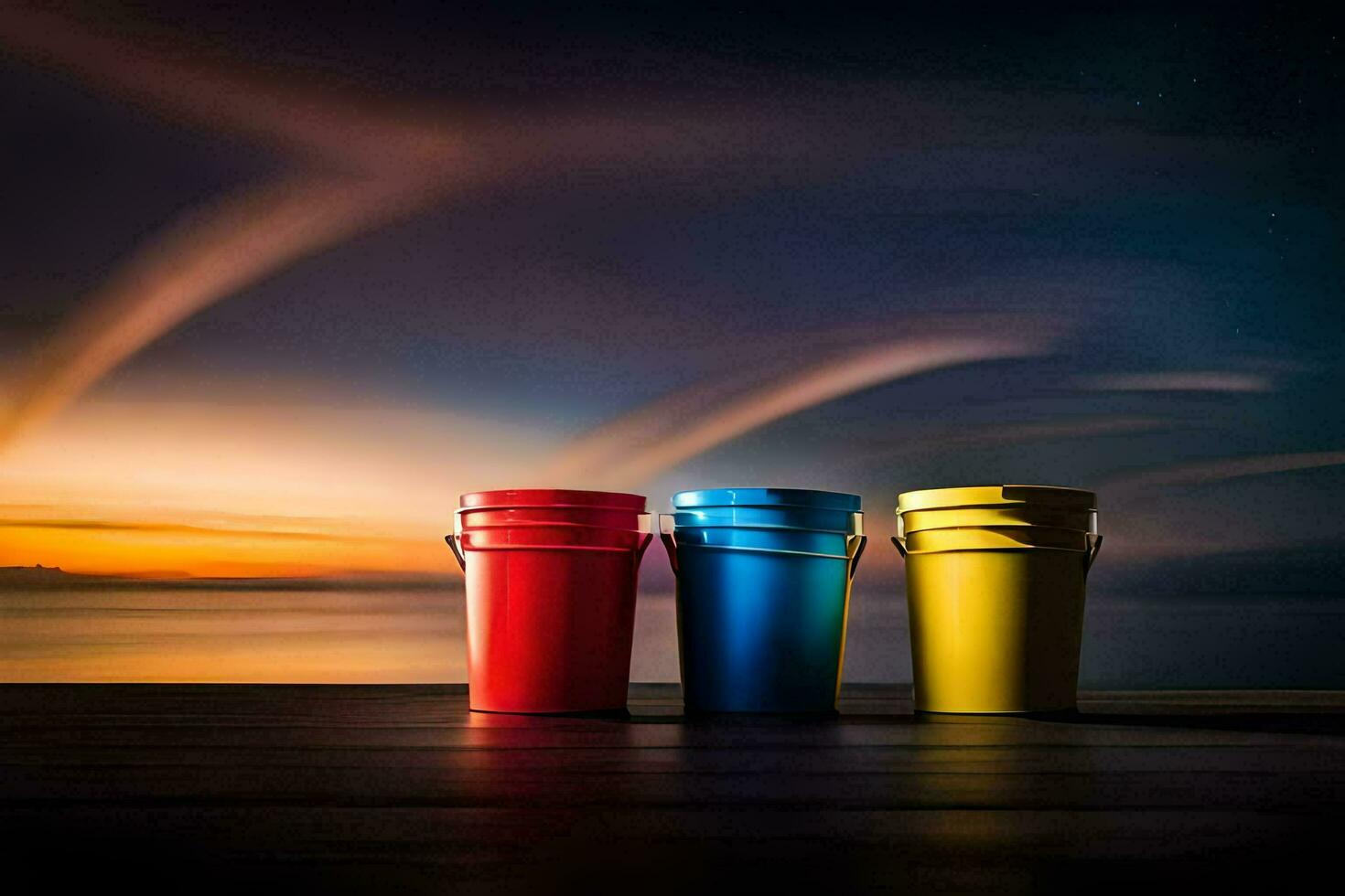 three colorful buckets sit on a wooden deck at sunset. AI-Generated photo