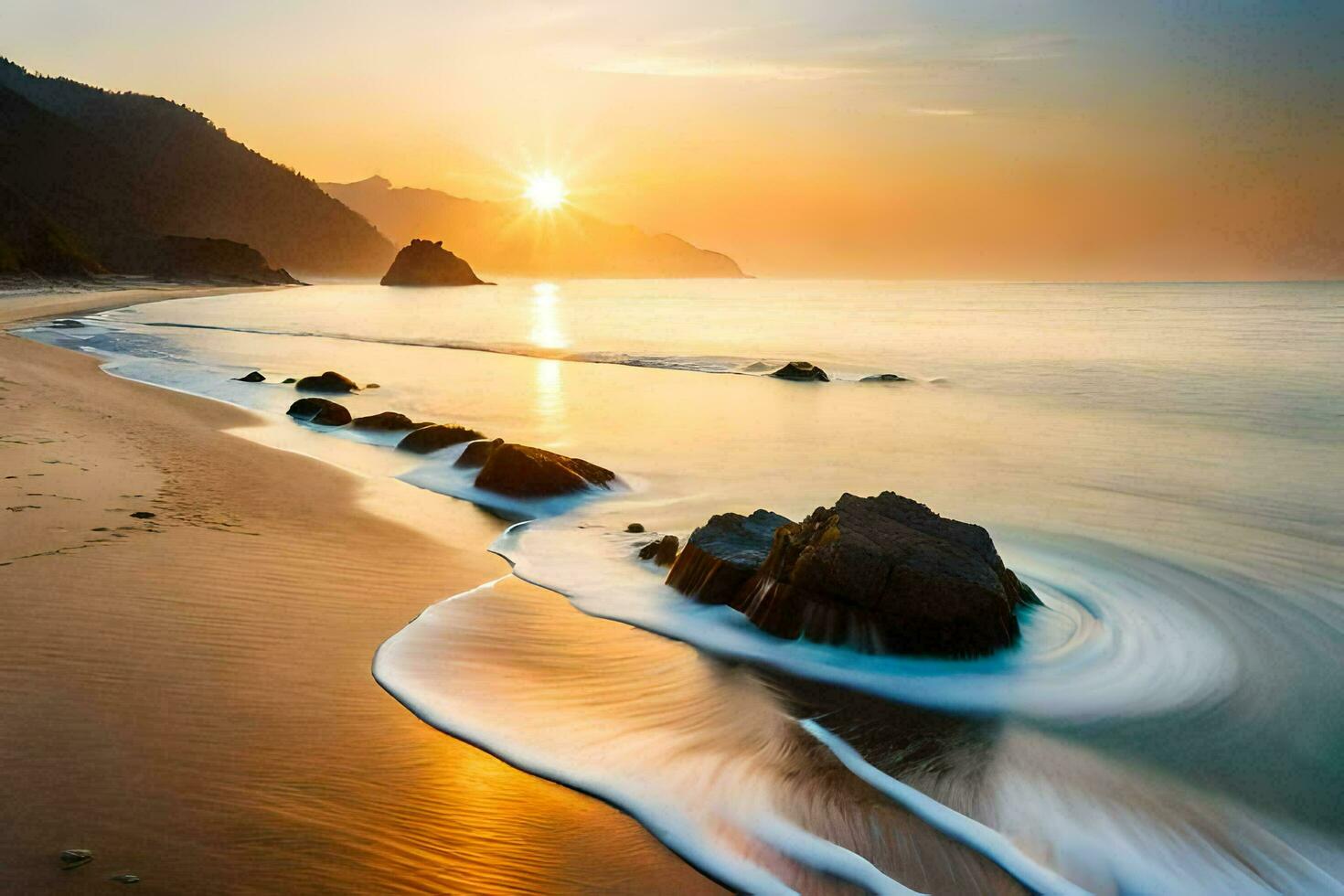 the sun rises over the ocean and waves. AI-Generated photo