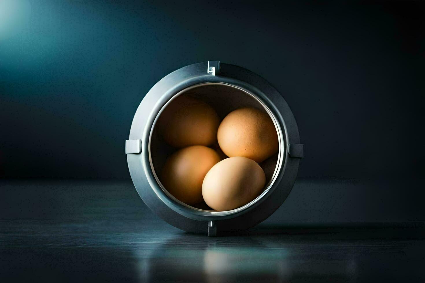 three eggs in a metal bowl on a dark table. AI-Generated photo