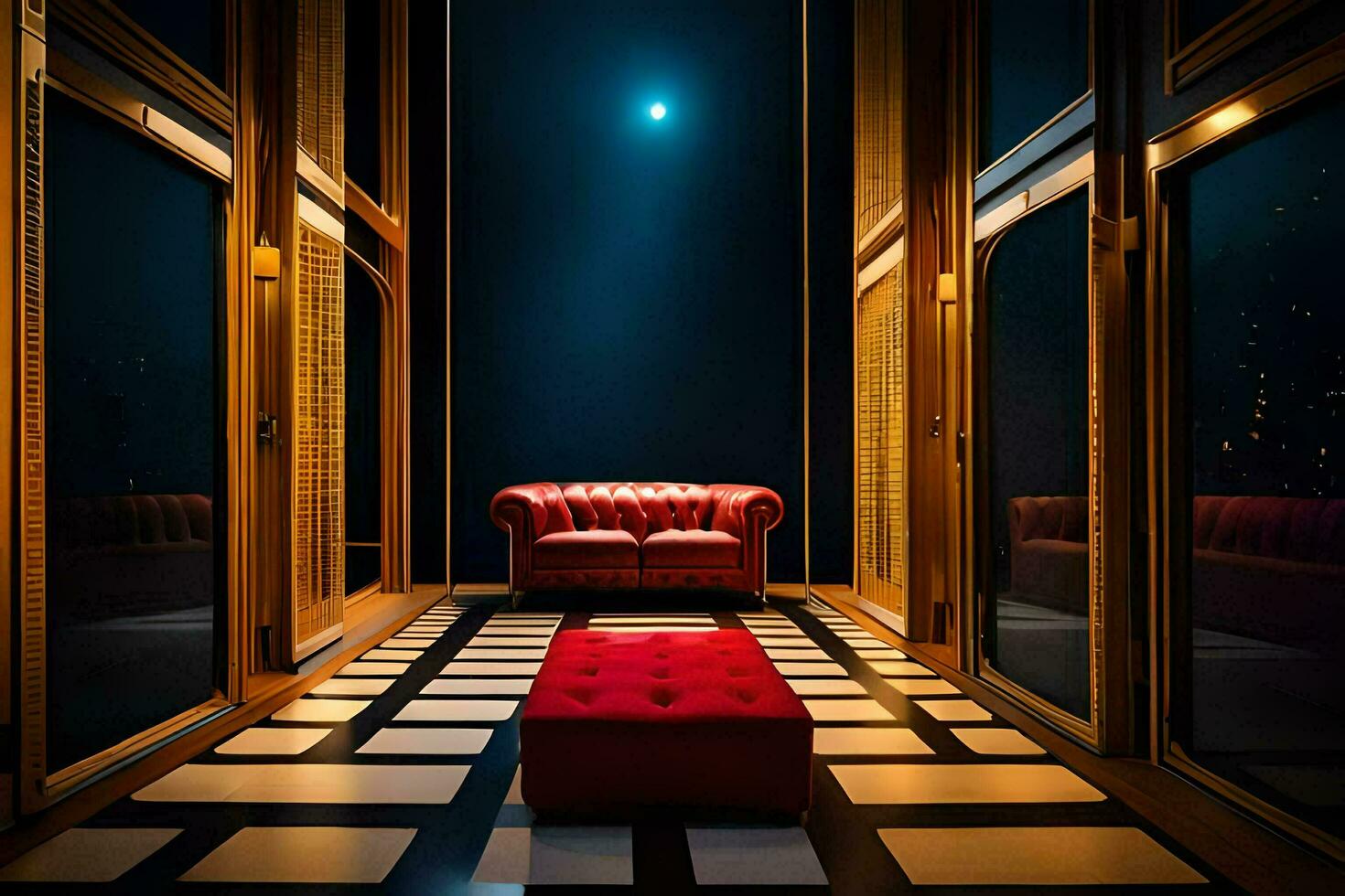 a red chair sits in a room with windows and a floor. AI-Generated photo