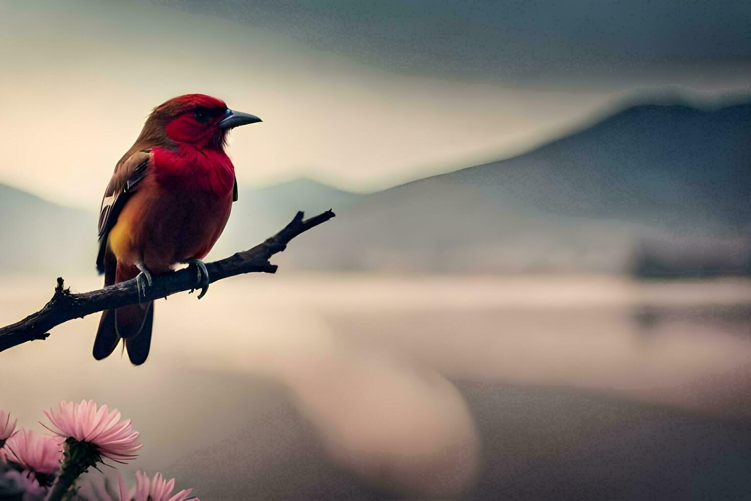 a red bird sits on a branch near a lake. AI-Generated photo