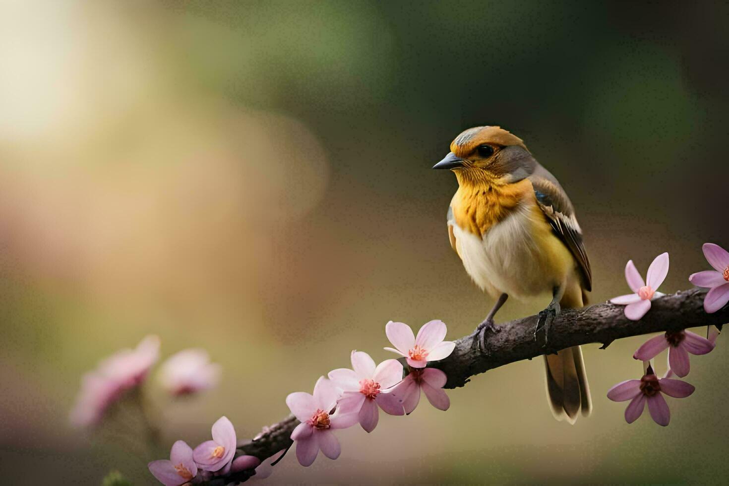 a bird sits on a branch with pink flowers. AI-Generated photo