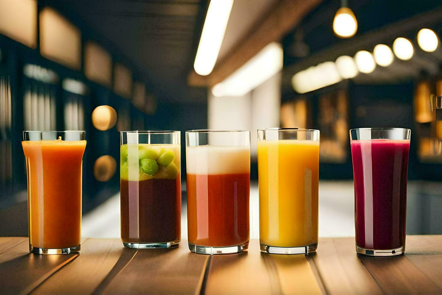 five different types of juices in glasses on a table. AI-Generated photo