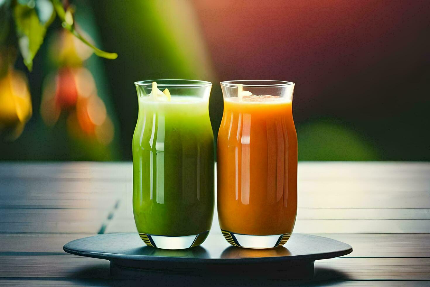 two glasses of juice on a table. AI-Generated photo