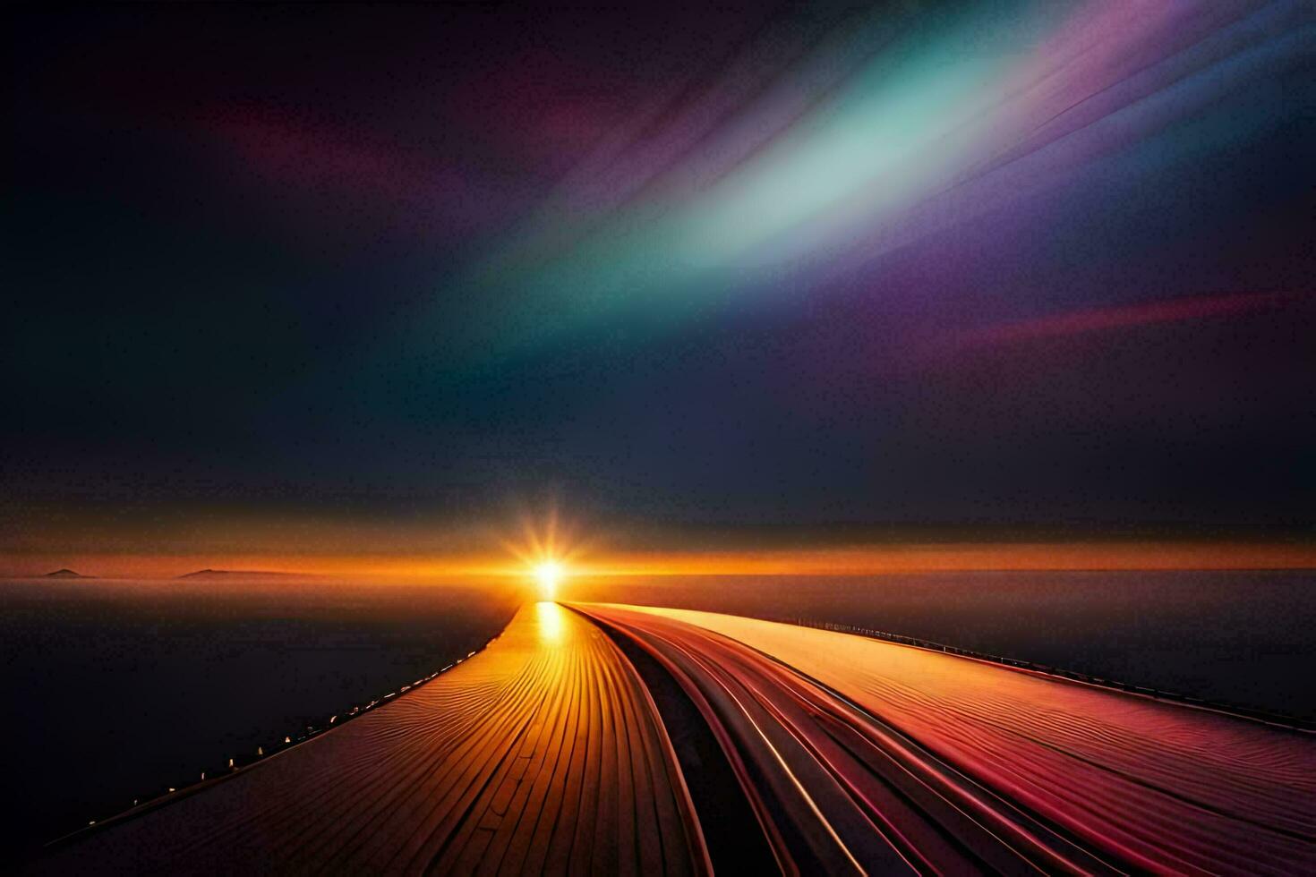 a long road with a bright light shining in the sky. AI-Generated photo
